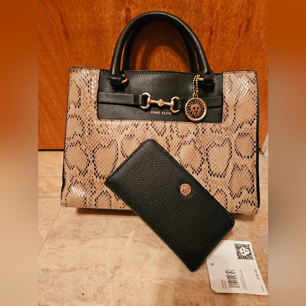 Anne KIein Snake print Handbag + NWT Black Wallet - Picture 1 of 17